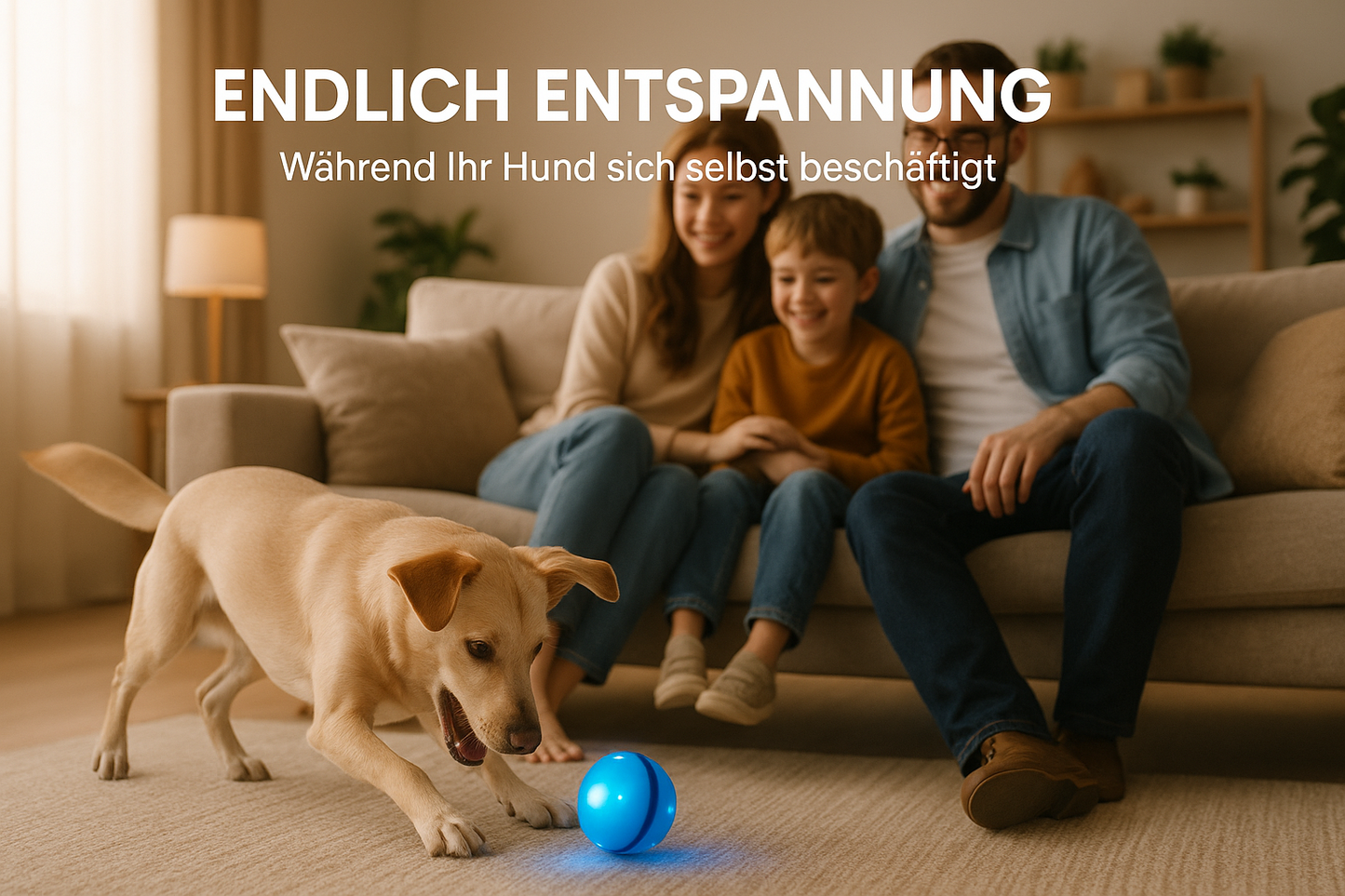 Deutsche Familie entspannt auf Sofa während Labrador mit intelligentem Hundespielzeugball spielt