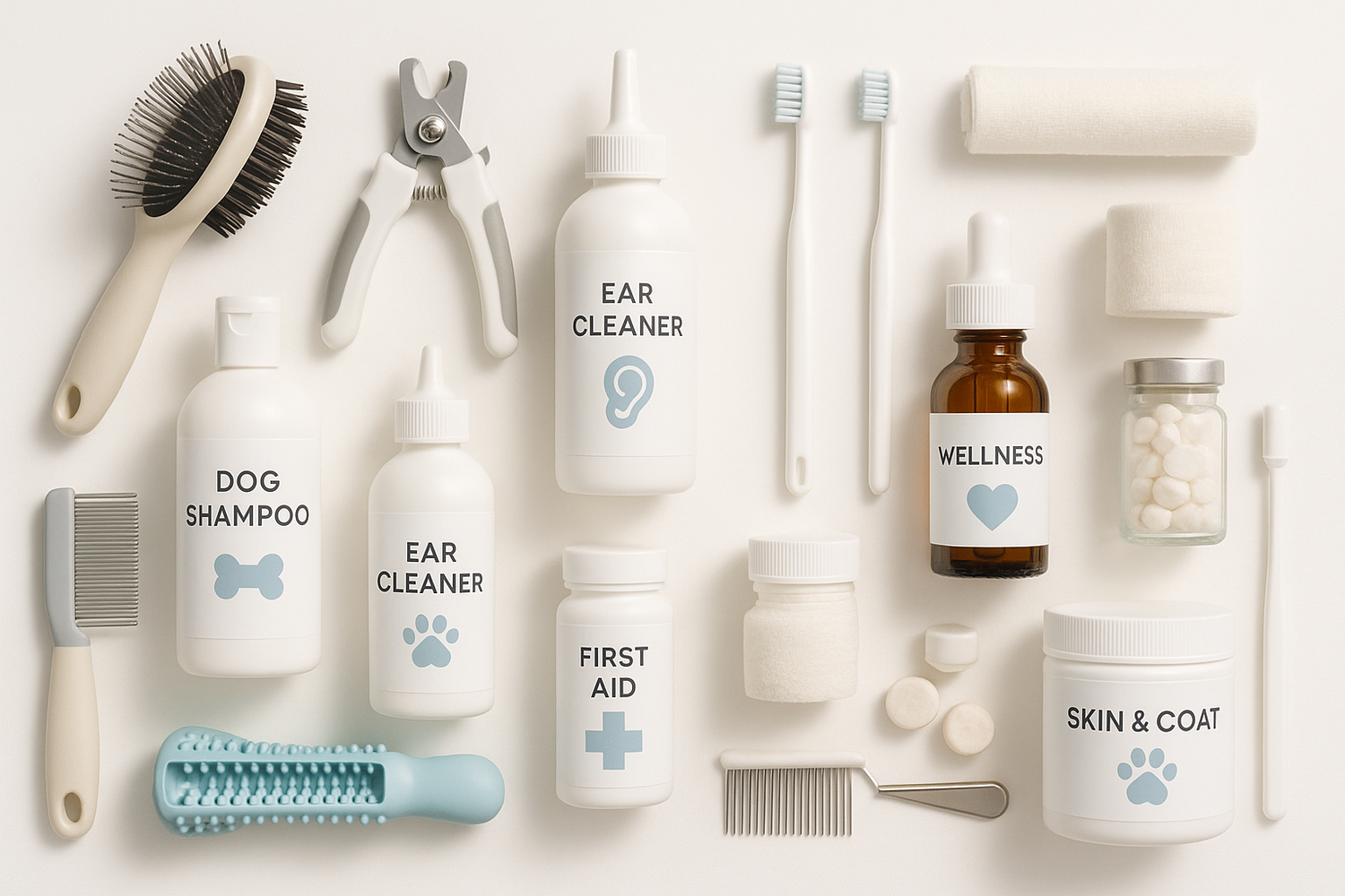 Pflege und Gesundheit Hundezubehör mit Bürsten, Nagelknipsern, Zahnbürsten, Shampoos, Ohrenreinigern, Nahrungsergänzungsmitteln und Erste-Hilfe-Produkten