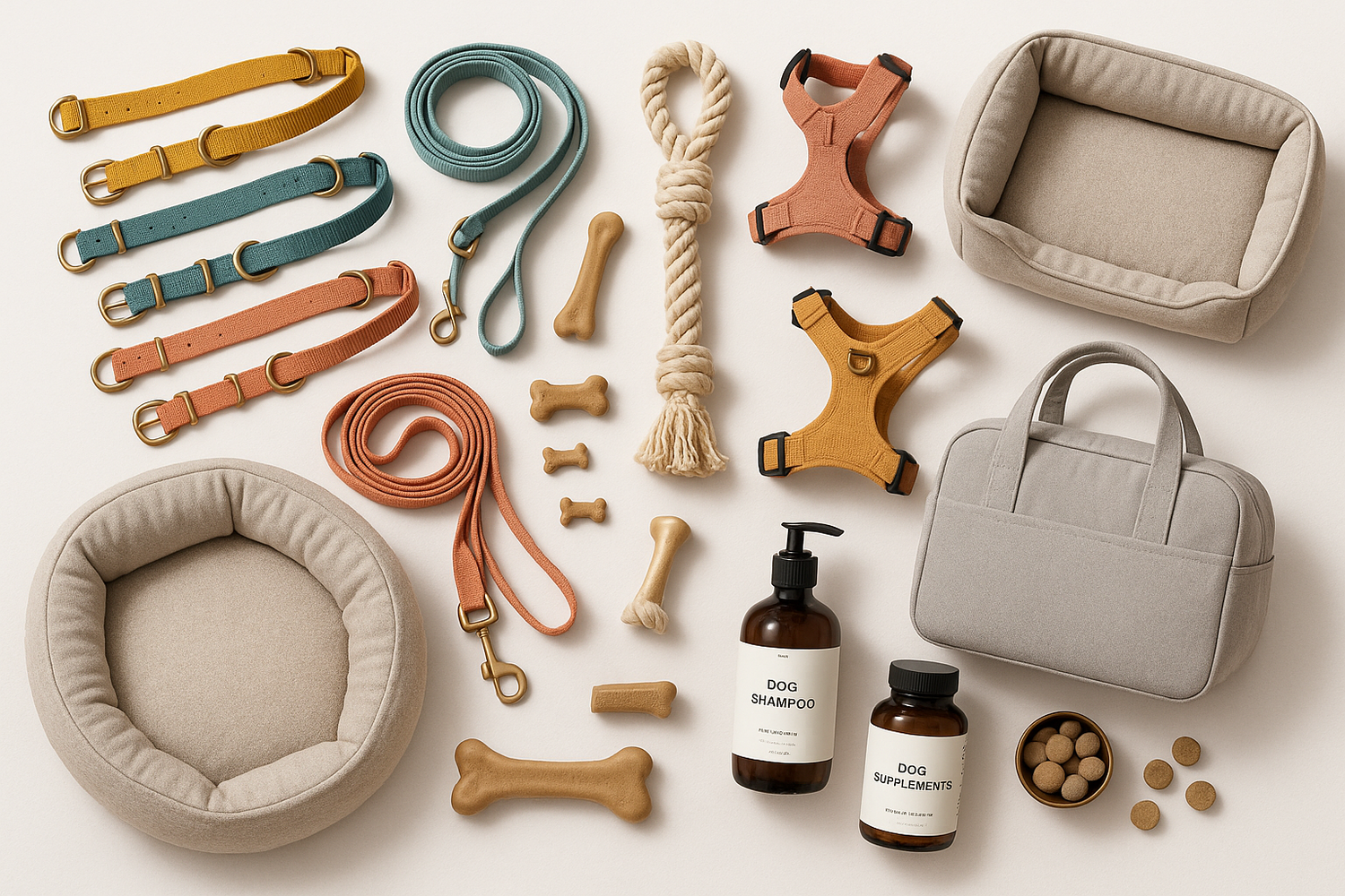 Hundezubehör Kollektion mit Halsbändern, Leinen, Geschirren, Spielzeug, Leckerlis und Komfortprodukten für kleine, mittlere und große Hunde auf weißem Hintergrund arrangiert