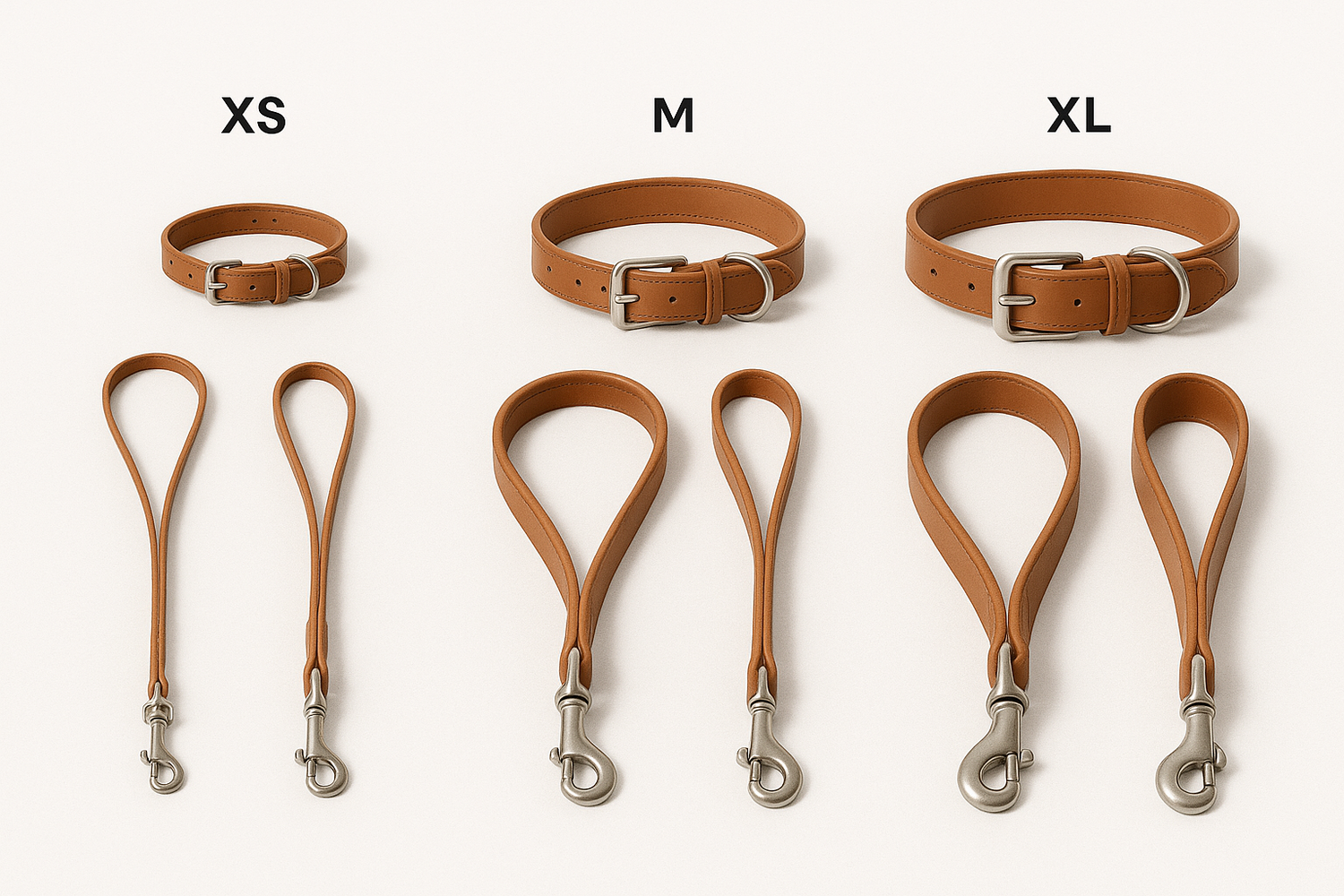Hundezubehör nach Hundegröße organisiert mit Größenvergleich von XS bis XL Halsbändern, Leinen und Geschirren