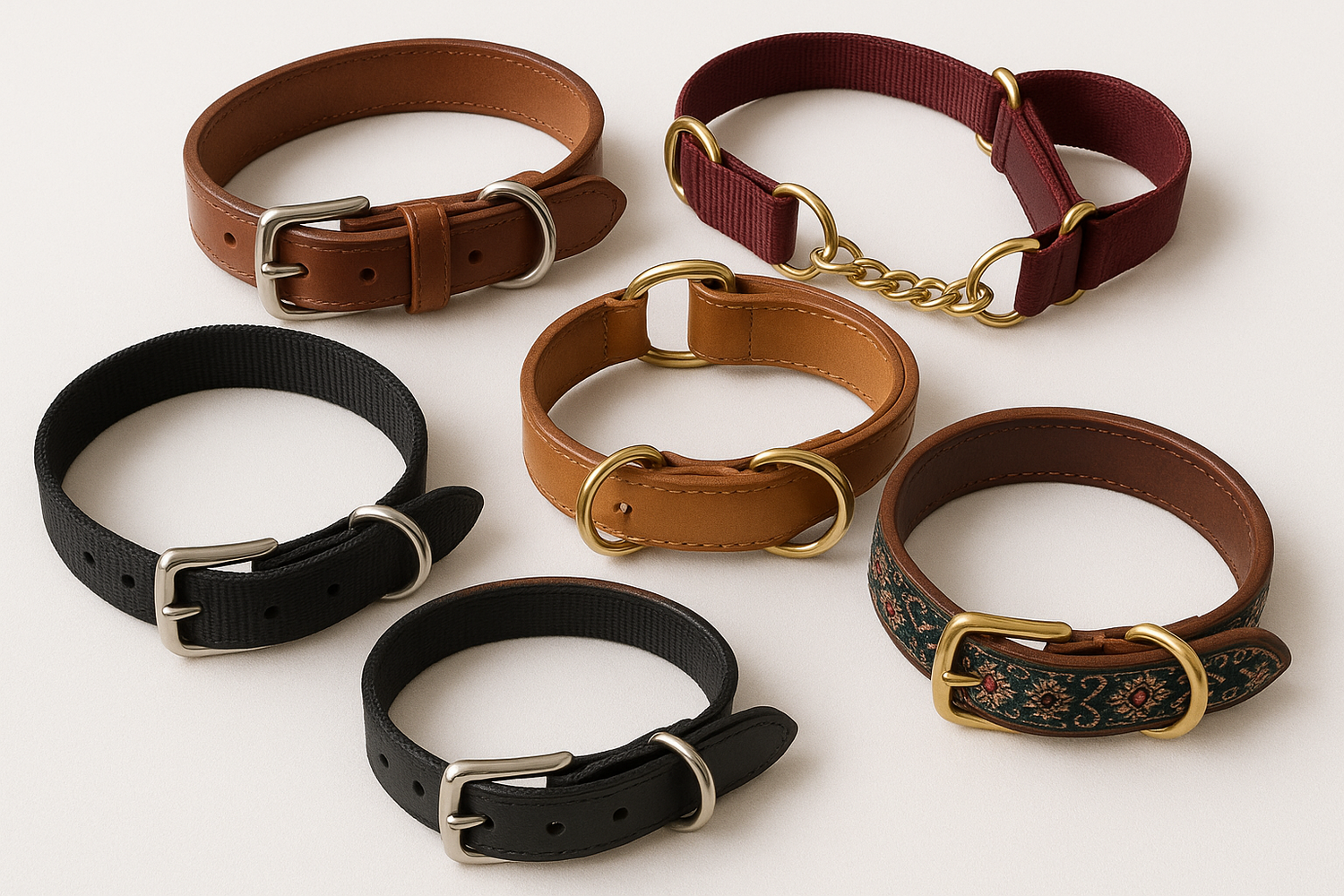 Klassische Hundehalsbänder aus Leder, Nylon und Stoff in traditionellen Designs mit Schnallen und Martingale-Verschlüssen