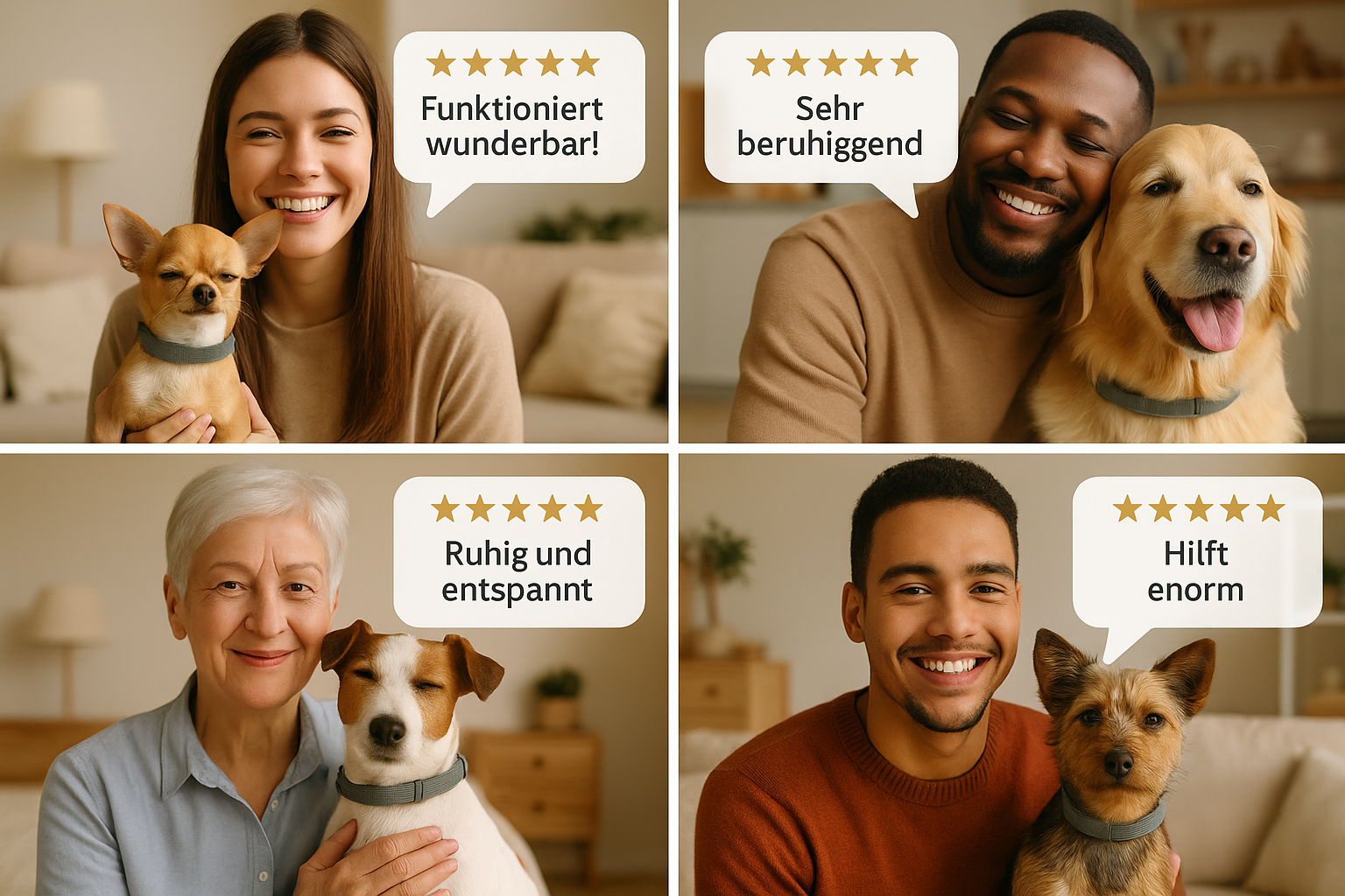 Zufriedene Hundebesitzer mit entspannten Hunden - Kundenbewertungen mit 5 Sternen für beruhigende Hundehalsbänder von Dog Aware