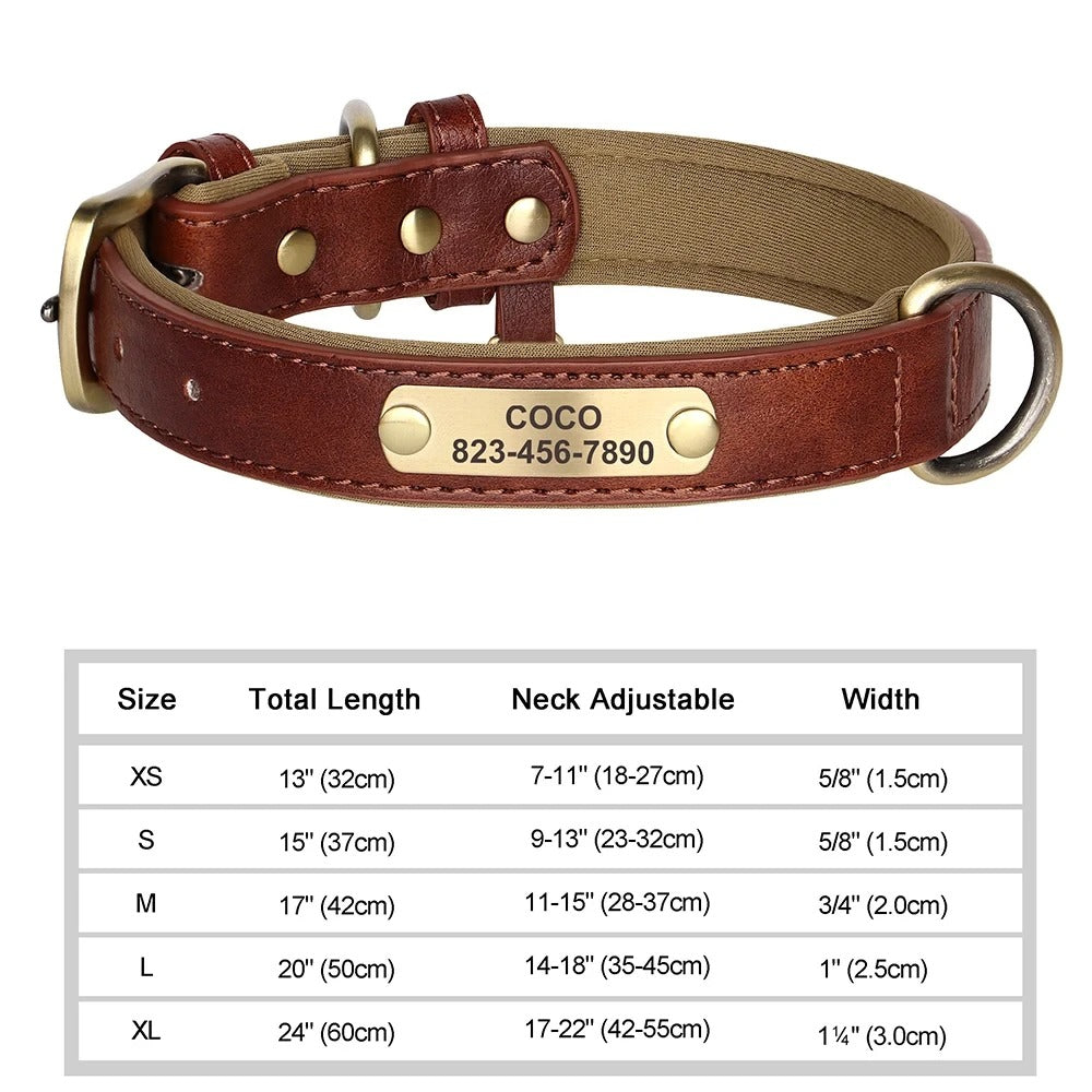 Personalisiertes, individuelles Leder-ID-Namensschild-Hundehalsband, weich gepolsterte Hundehalsbänder, kostenlose Gravur mit Namen für kleine, mittelgroße und große Hunde