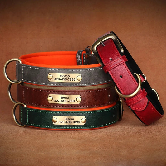 Personalisiertes, individuelles Leder-ID-Namensschild-Hundehalsband, weich gepolsterte Hundehalsbänder, kostenlose Gravur mit Namen für kleine, mittelgroße und große Hunde