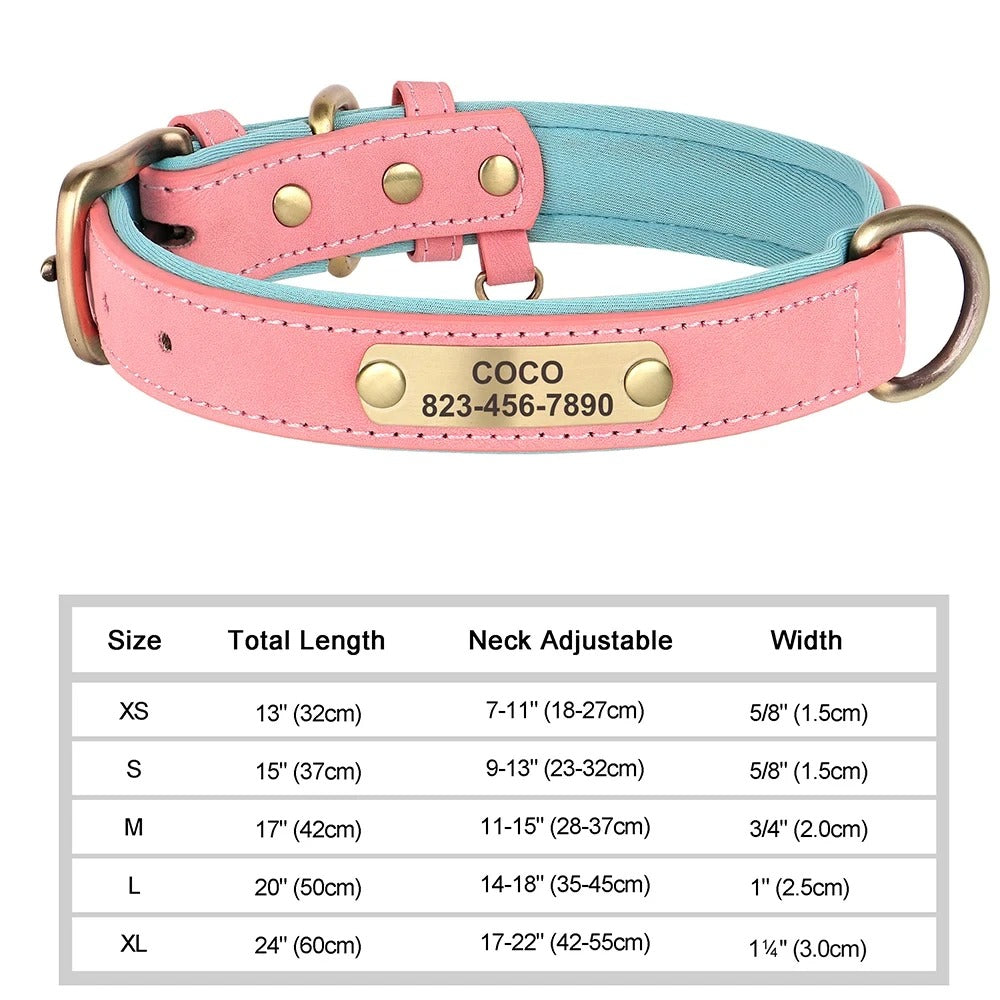 Personalisiertes, individuelles Leder-ID-Namensschild-Hundehalsband, weich gepolsterte Hundehalsbänder, kostenlose Gravur mit Namen für kleine, mittelgroße und große Hunde