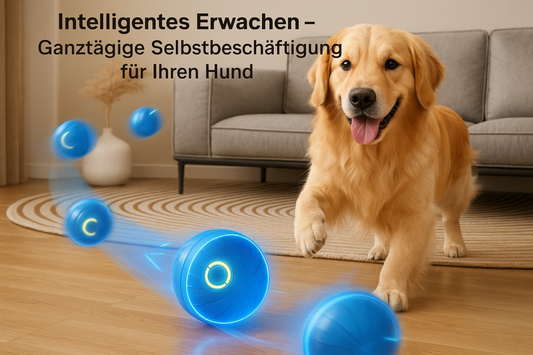 Glücklicher Golden Retriever spielt mit intelligentem LED-Hundespielzeugball im modernen Wohnzimme