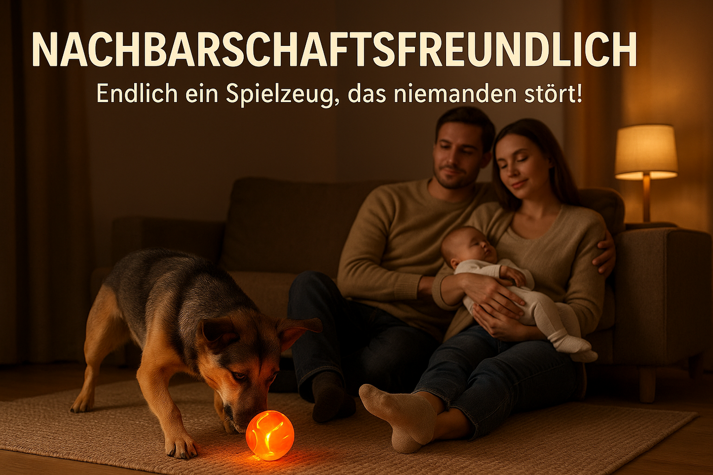 Nachbarschaftsfreundlicher Hundespielzeugball - Familie entspannt während Hund leise spielt