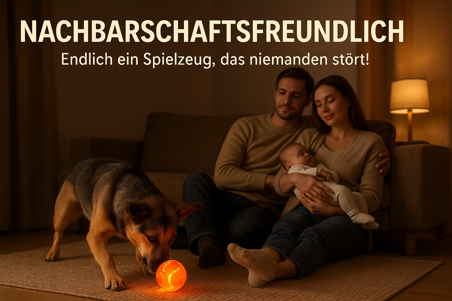 Nachbarschaftsfreundlicher Hundespielzeugball - Familie entspannt während Hund leise spielt