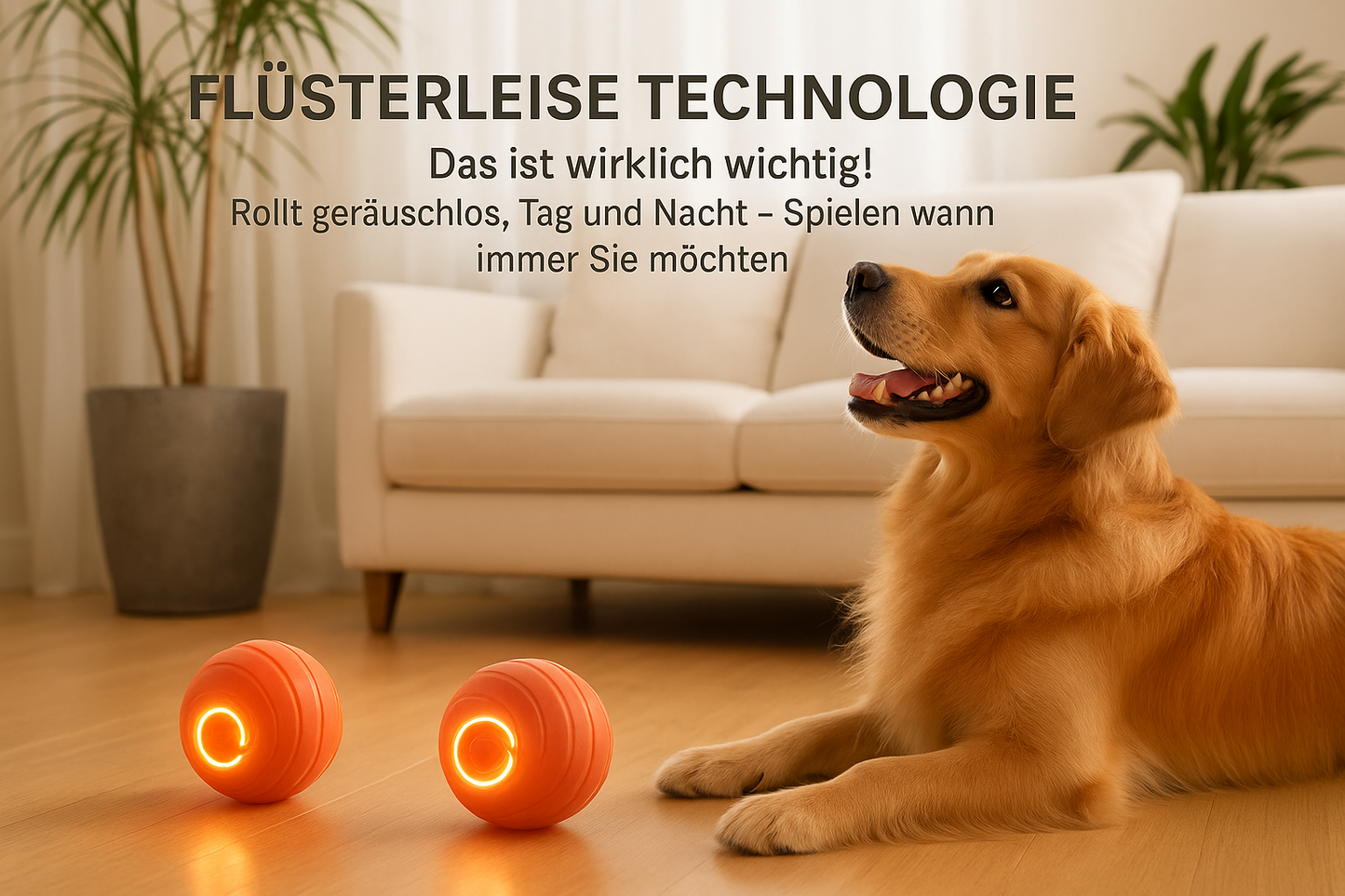 Geräuschloser intelligenter Hundespielzeugball - Golden Retriever spielt leise im modernen Wohnzimmer
